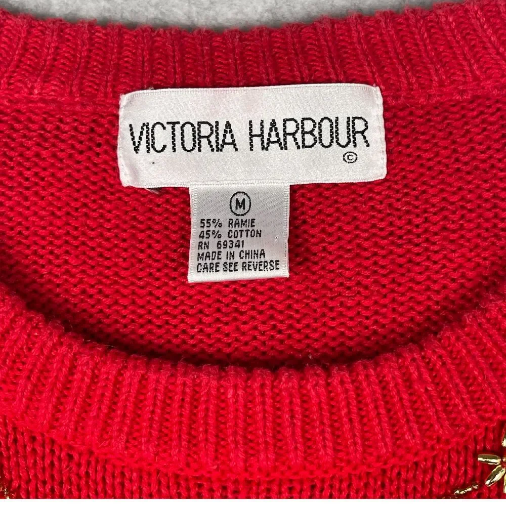 Victoria Harbour Vintage Ramie Cotton Holiday Sweater, red & gold, beaded,‎ 80s